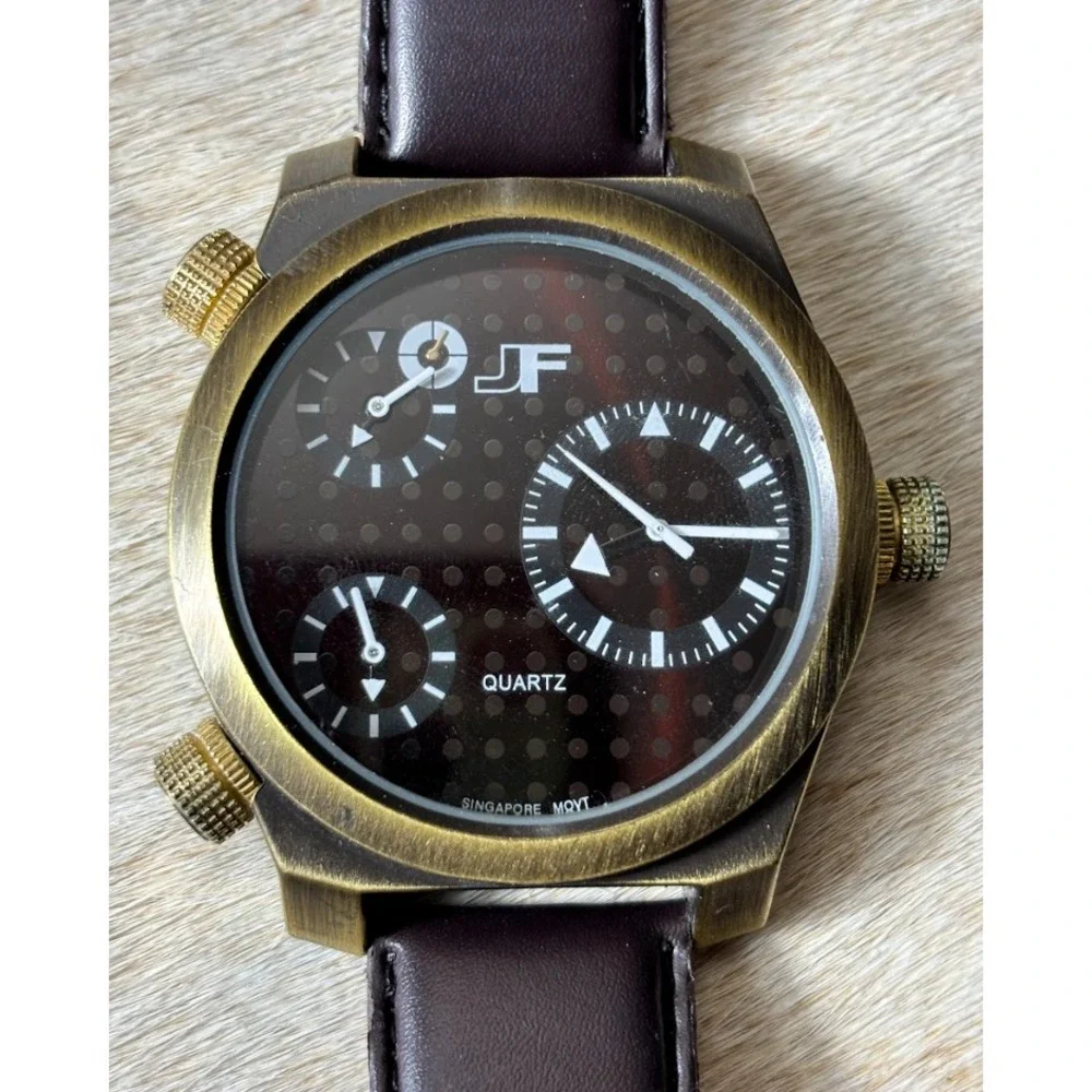 JF J. Ferrar Quartz Watch Brown Leather Band Black Dial Classic Dress‎ Watch